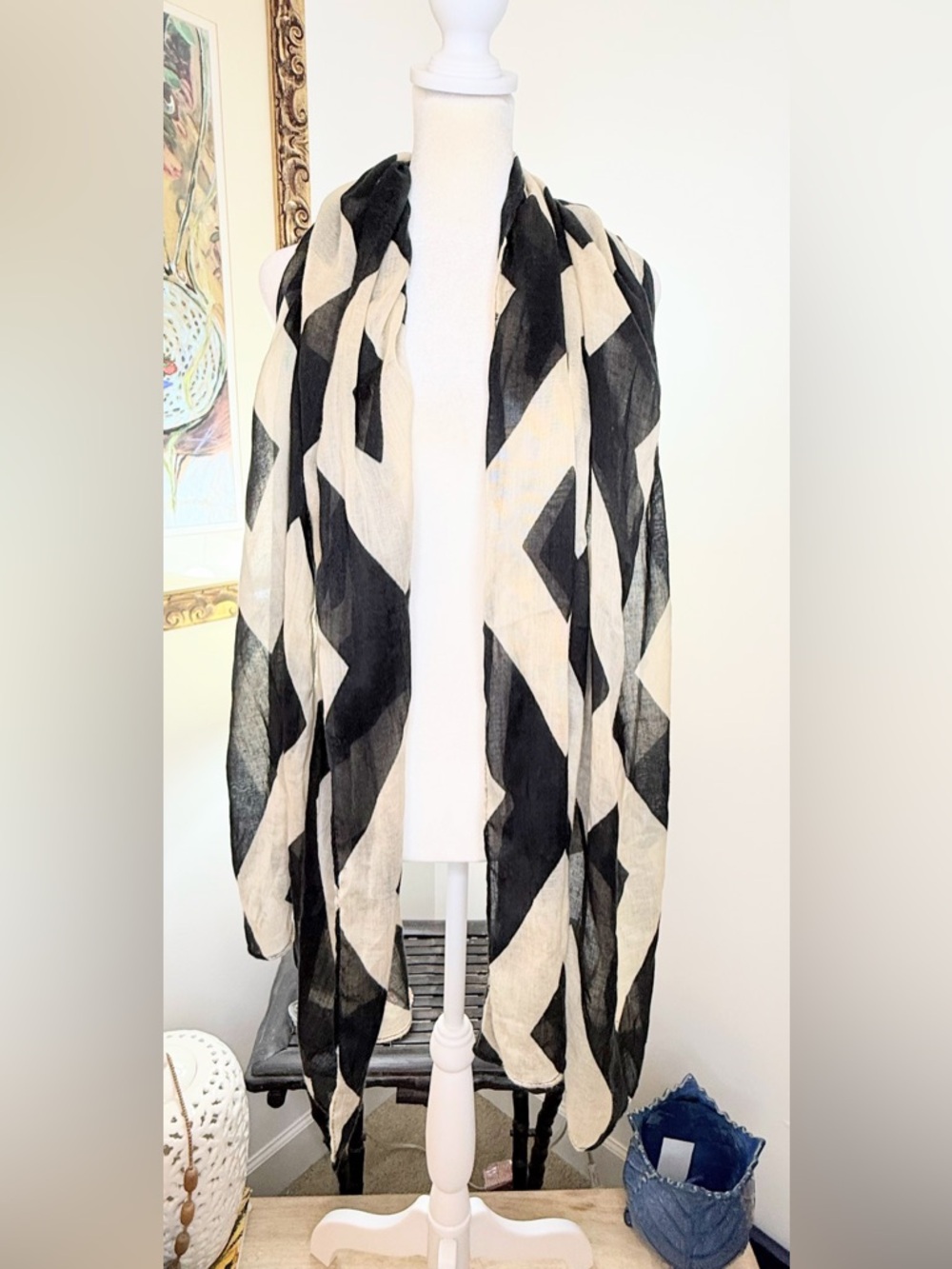 Black Beige Geometric Scarf Wrap Shawl Lightweight 80x28 Neutral Boho